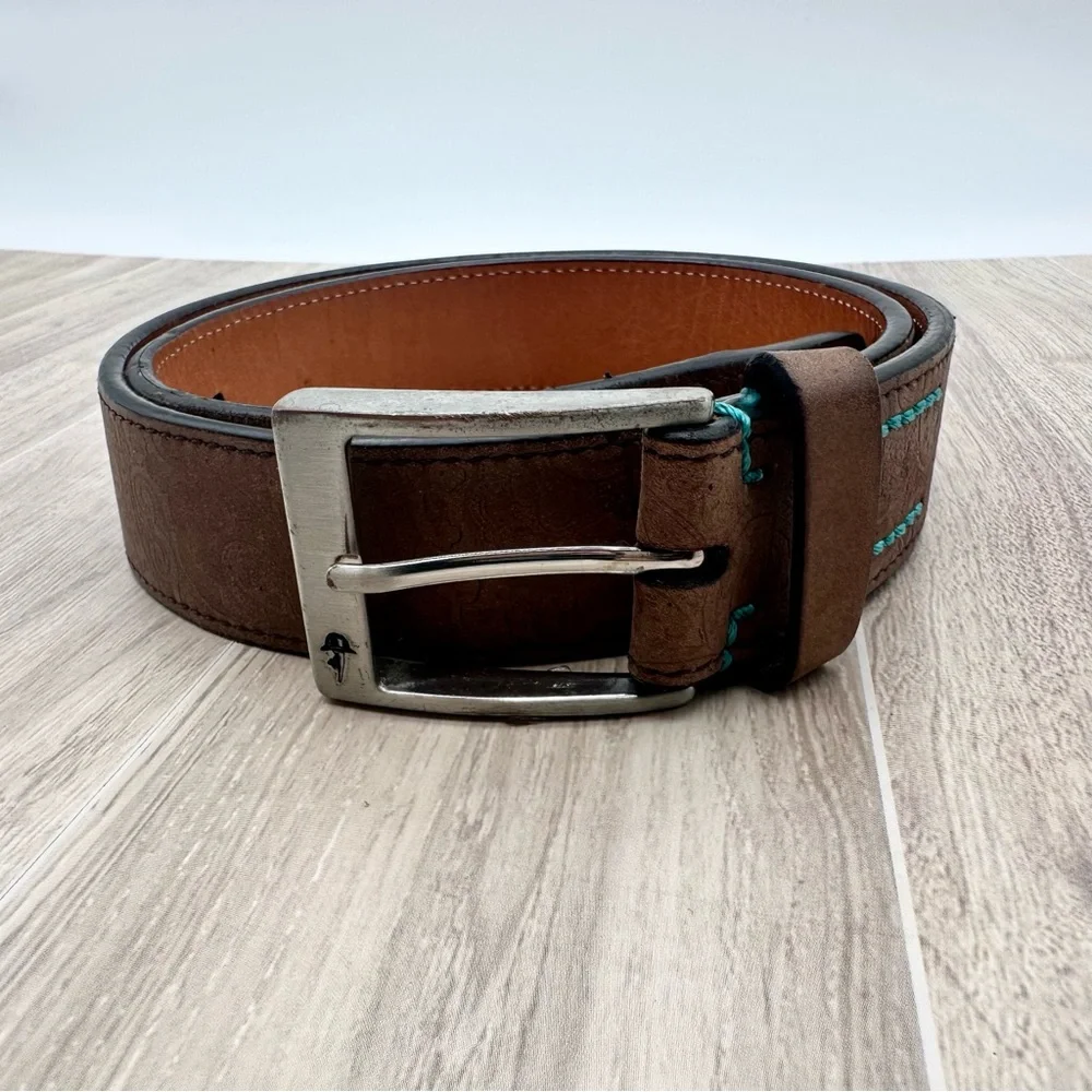 Robert Graham Men’s Brown Paisley Tooled Embossed Teal Stitch Belt | Size 32